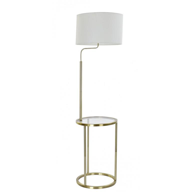 Lampadaire table en métal doré et abat-jour blanc en lin H154cm