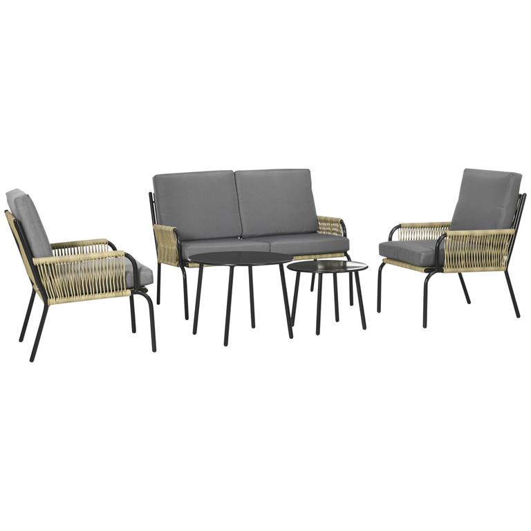 Notre salon de jardin 5 pièces pour 4 personnes est parfait pour profiter des beaux jours. L'ensemble comprend 1 canapé 2 places, 2 fauteuils et 2 tables basses gigognes. Avec ...