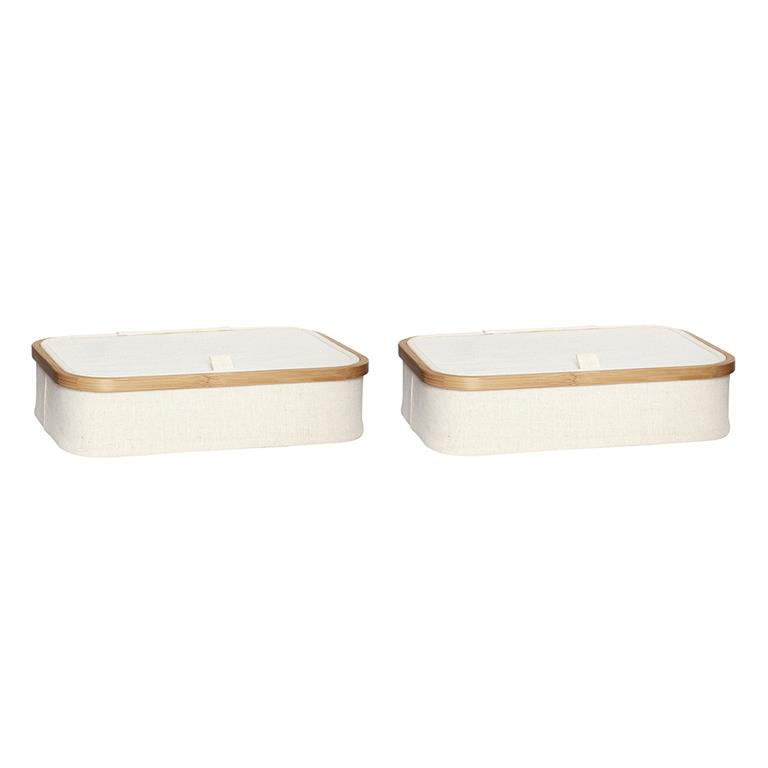 Set de 2 Boîte de rangement avec couvercle en toile et bambou beige