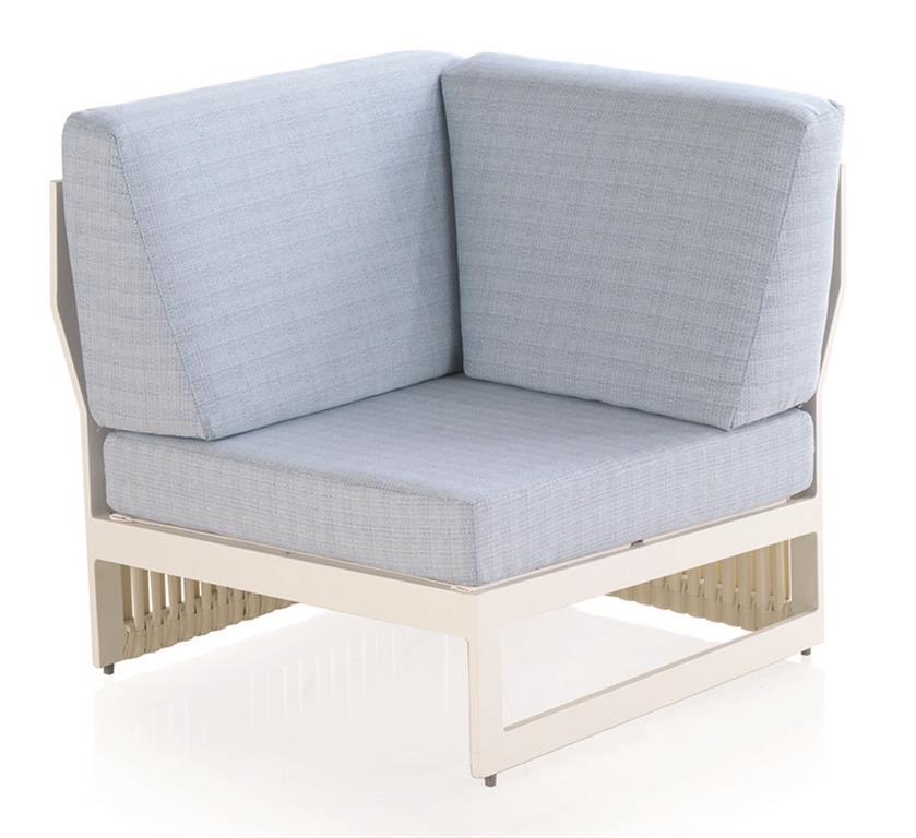 Fauteuil d'angle en aluminium et fibre blanche avec coussins bleus
