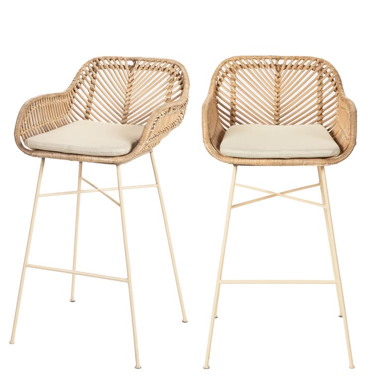 Lot de 2 tabourets de bar en rotin pieds beiges H68cm - Naturel