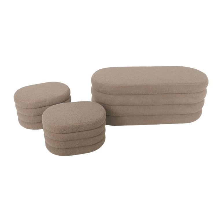 Banc coffre bouclette taupe avec 2 poufs de rangement