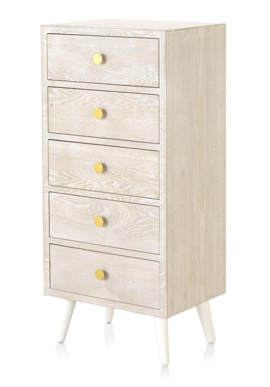 Commode 5 tiroirs en placage frêne patiné blanc