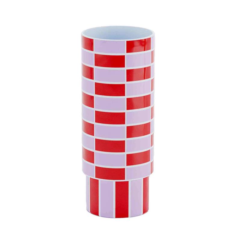 Vase céramique tube à damier rouge 31cmx12