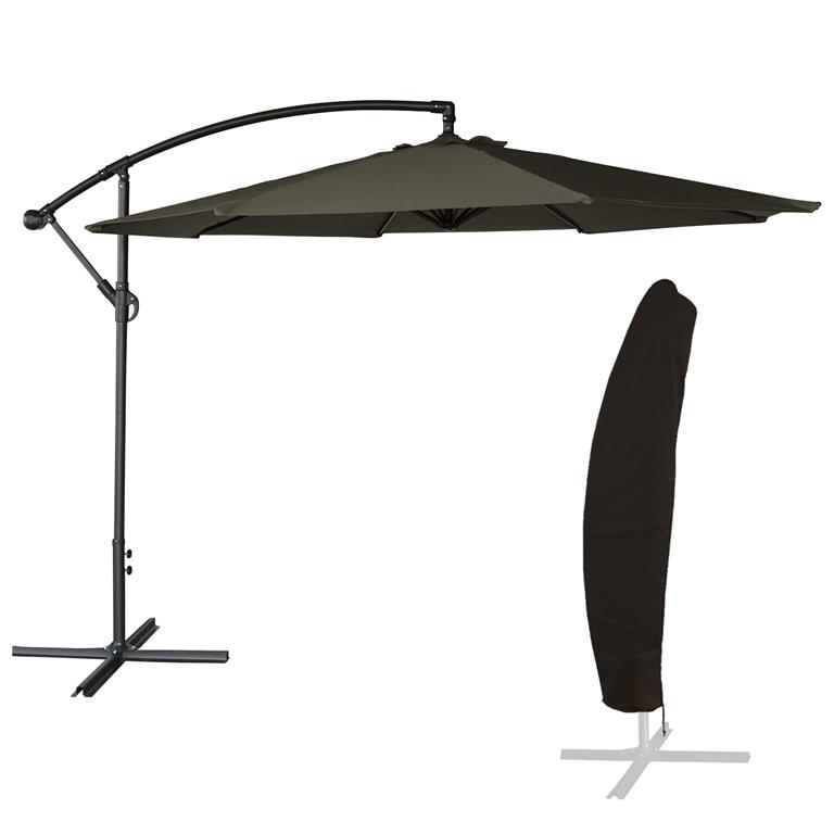 Parasol déporté rond 3m en acier et toile grise avec housse