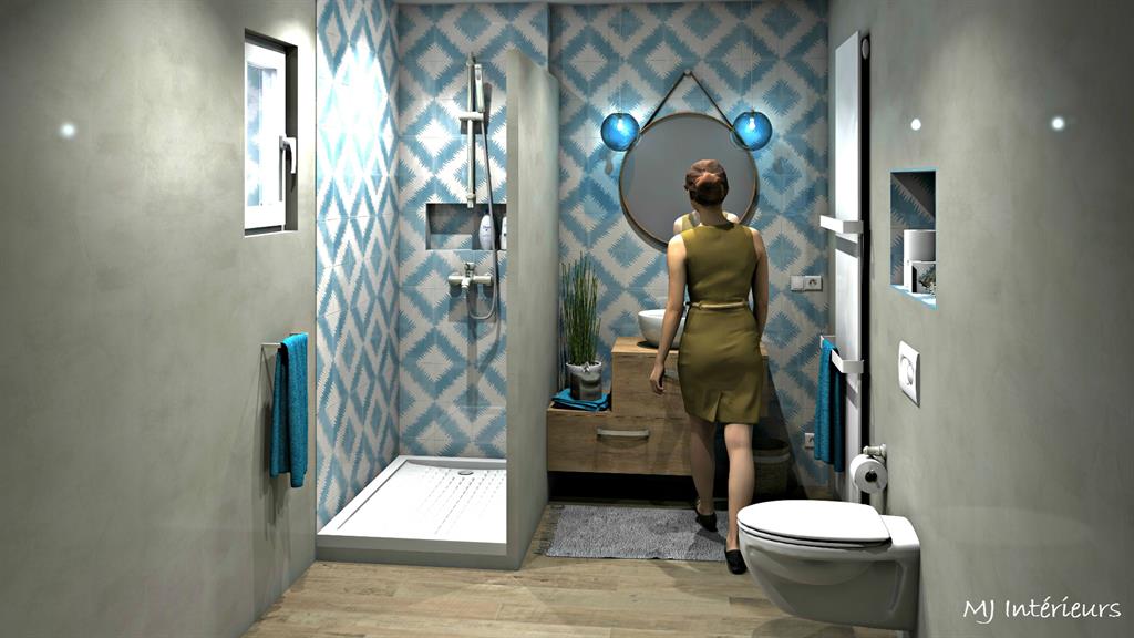 Salle d'eau esprit méditerranéen avec murs en tadelakt et carreaux de ciment