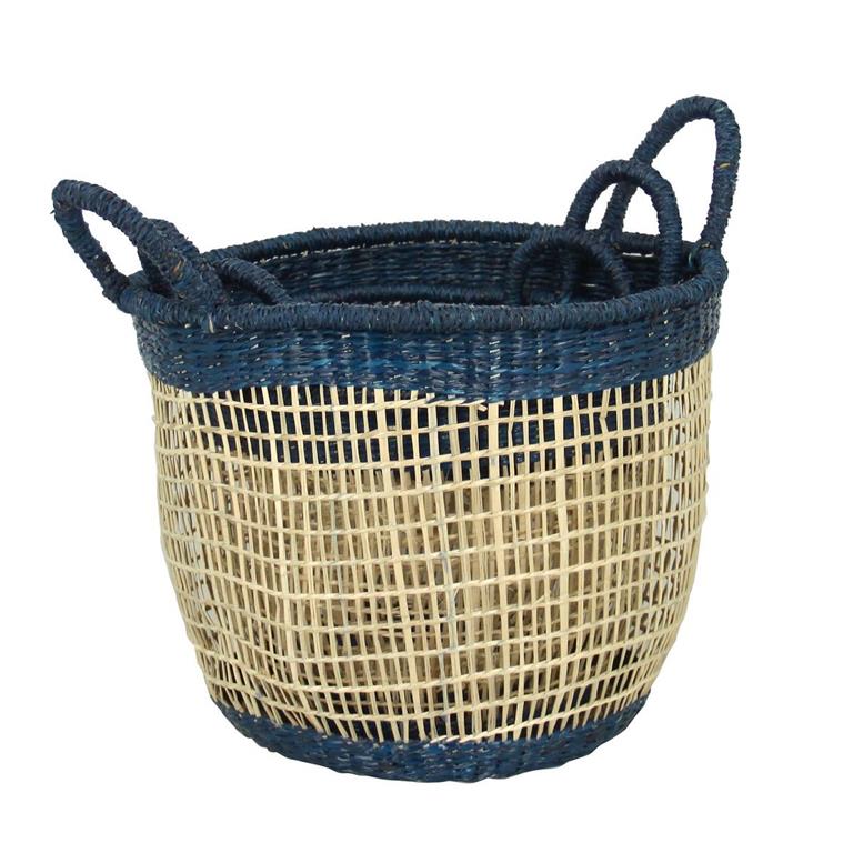Set de 3 paniers naturel et bleu en jonc de mer