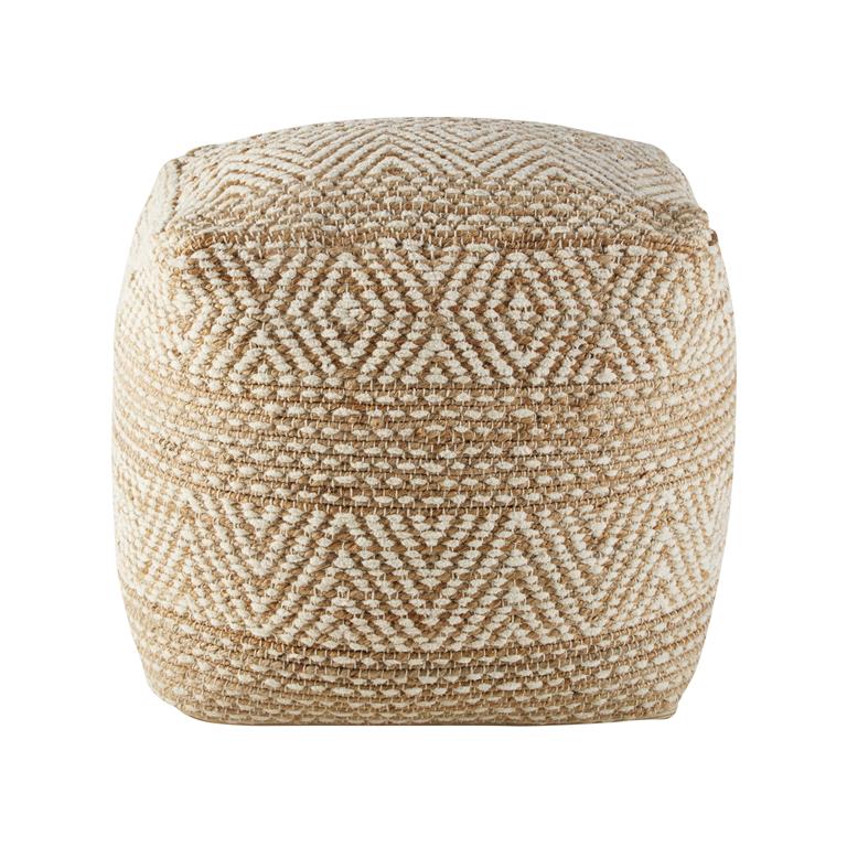 Pouf en jute et coton beige et blanc à motifs graphiques
