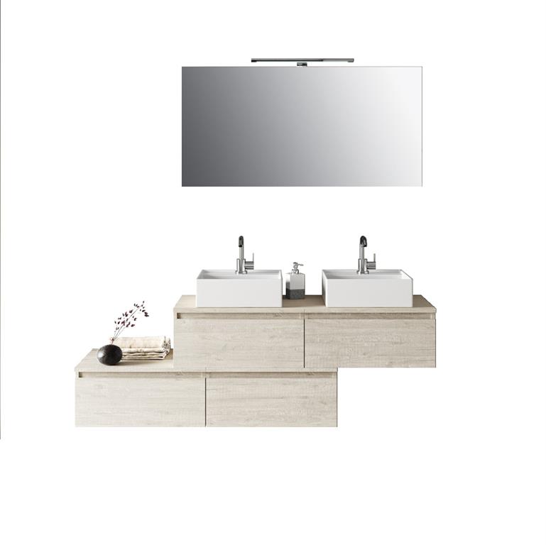 Meuble de salle de bain 8 pièces double vasque en mélamine bois beige