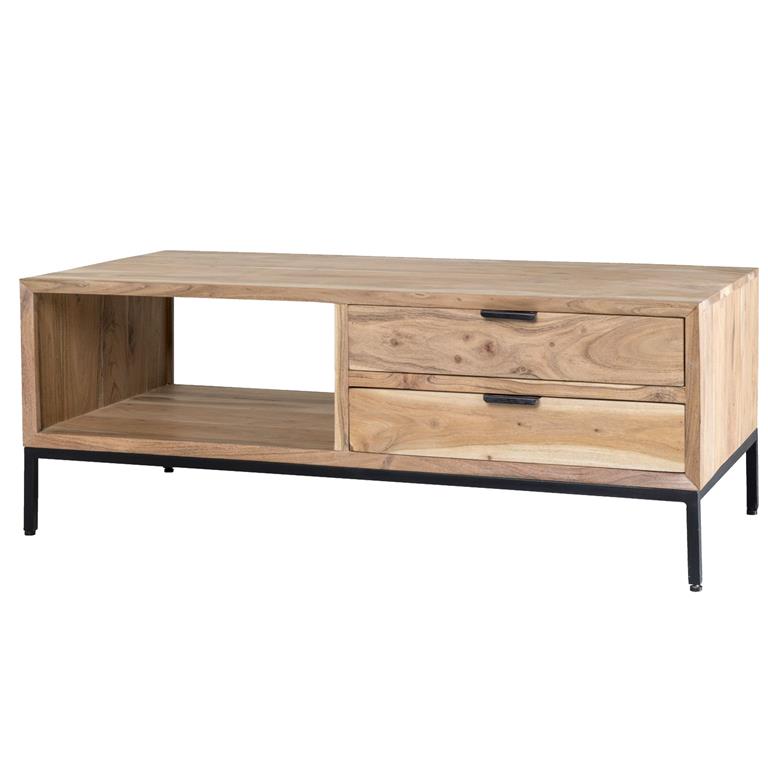 Table basse 2 tiroirs 120x60 en bois d'Acacia massif et métal