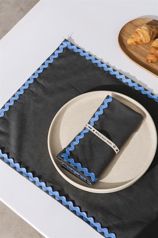 Ensemble de table nappe et serviettes 8 pièces lin 100% gris et bleu