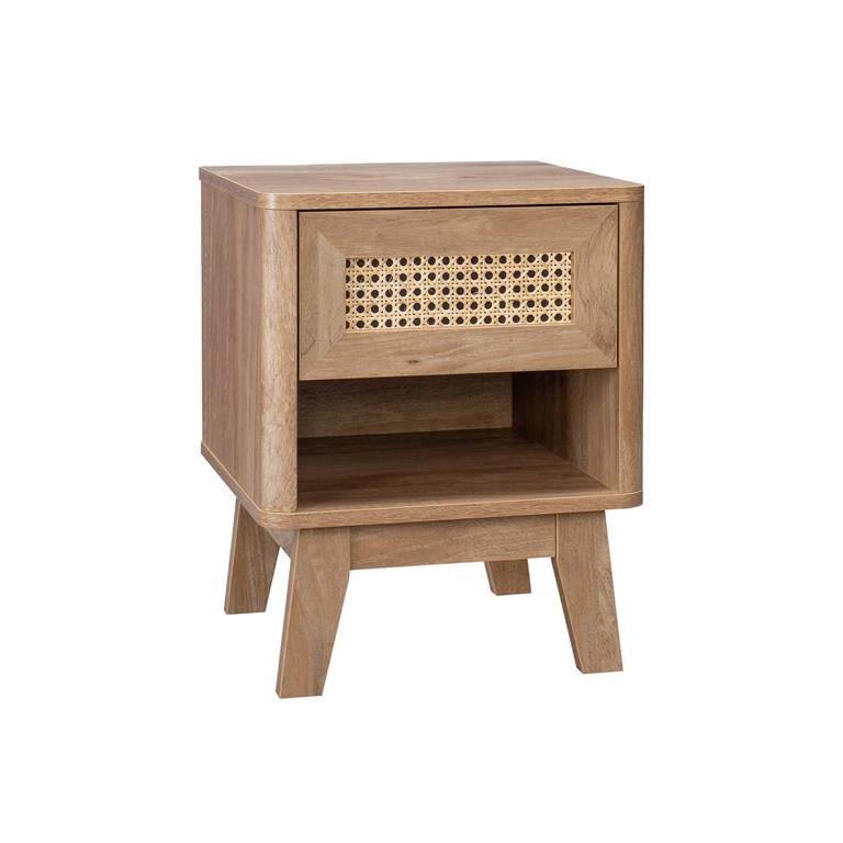 Table de chevet avec 1 tiroir effet bois et cannage