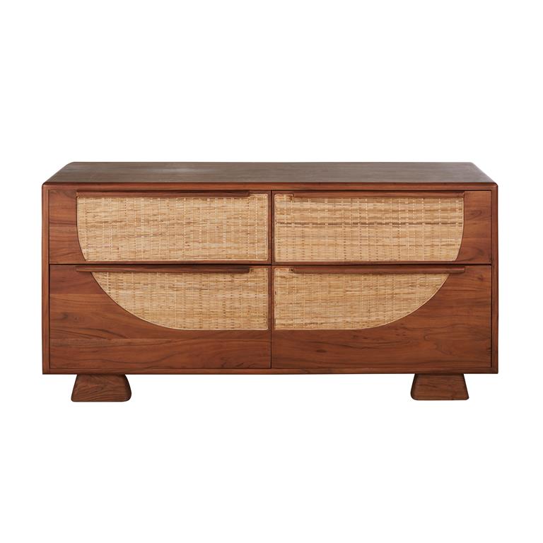 Commode double 4 tiroirs coloris noisette et rotin tressé