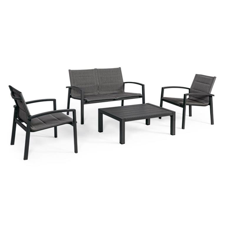 Salon de jardin détente en aluminium.  Salon bas de jardin 4 places au design simple et sobre. Pratique avec sa structure en aluminium et ses fauteuils empilables, il se ...