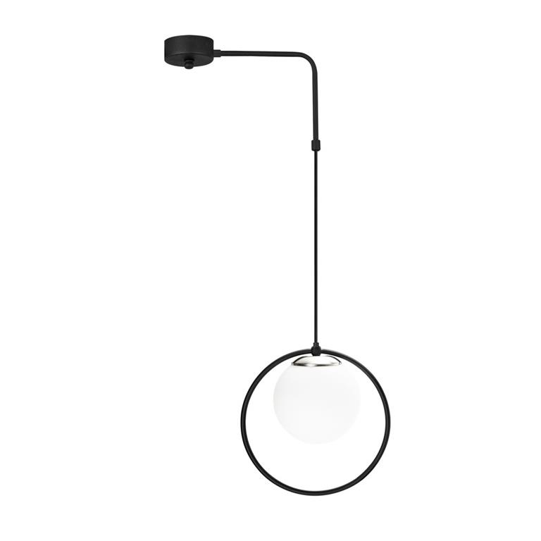 Suspension noir en forme d'anneau avec une sphère en verre opale