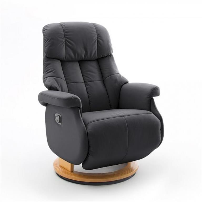 Fauteuil relax manuel PABLO assise confortable en cuir noir piétement bois naturel