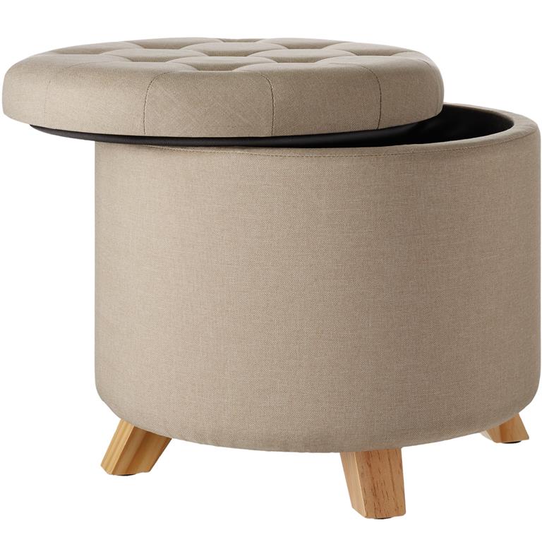 Banc Tabouret Coffre de rangement Rond aspect Lin sable