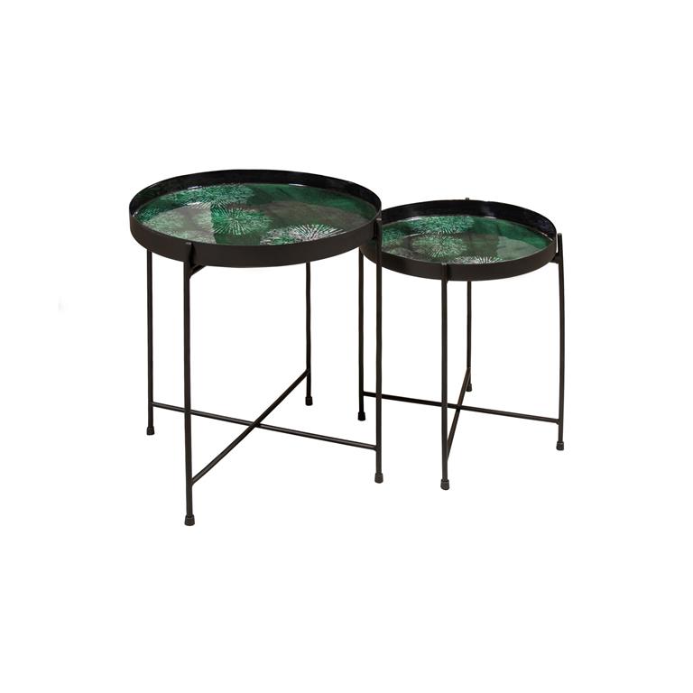 Set de 2 tables d'appoint avec plateau émaillé vert