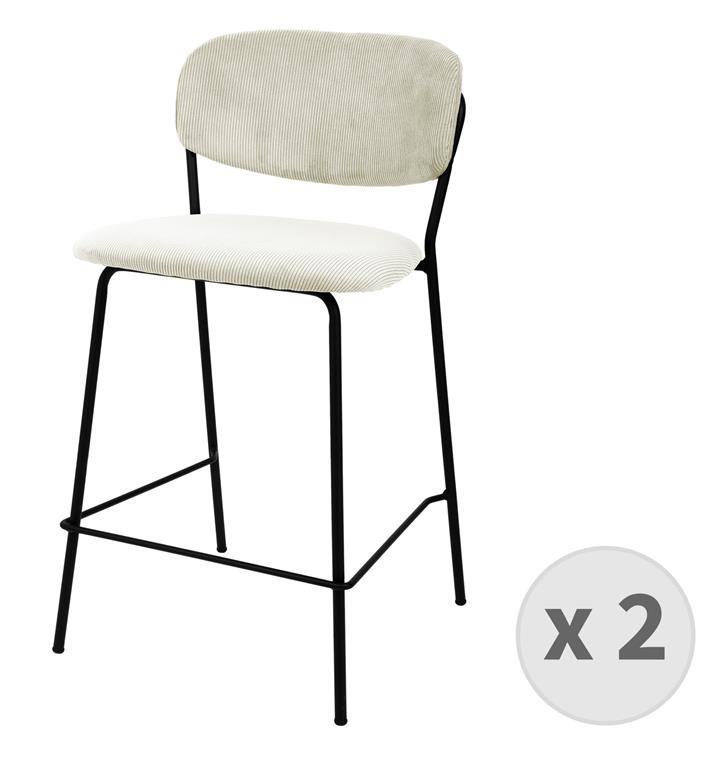 Tabouret de bar en tissu cotelé Ecru et métal noir mat 