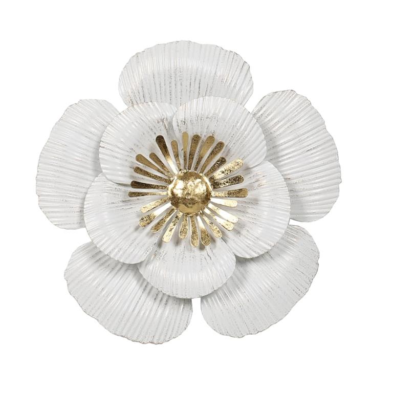 Déco murale métal fleur blanc doré 25cm