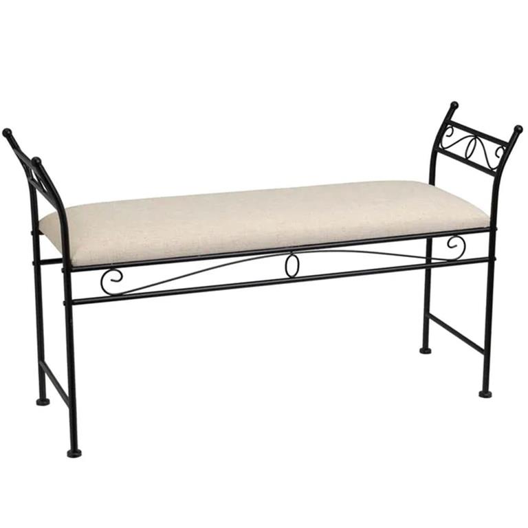 Banquette en métal noir et assise rembourrée lin beige 115x34x67cm