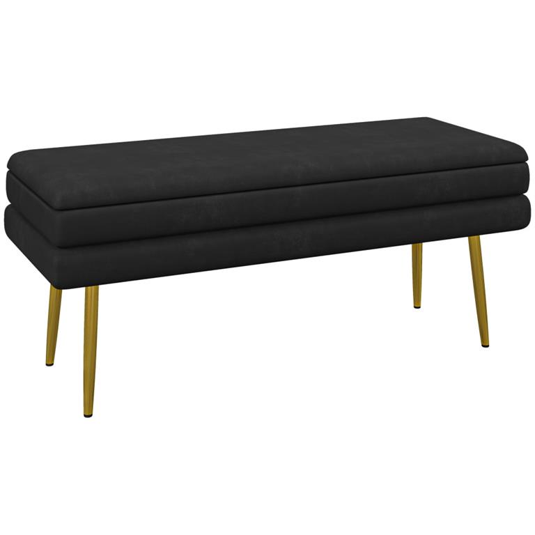 Banc de rangement 2 en 1 aspect velours noir acier doré