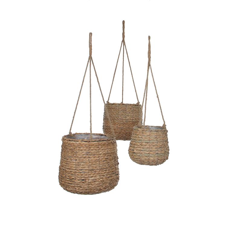 3 cache-pots suspendu en jonc de mer marron clair H90