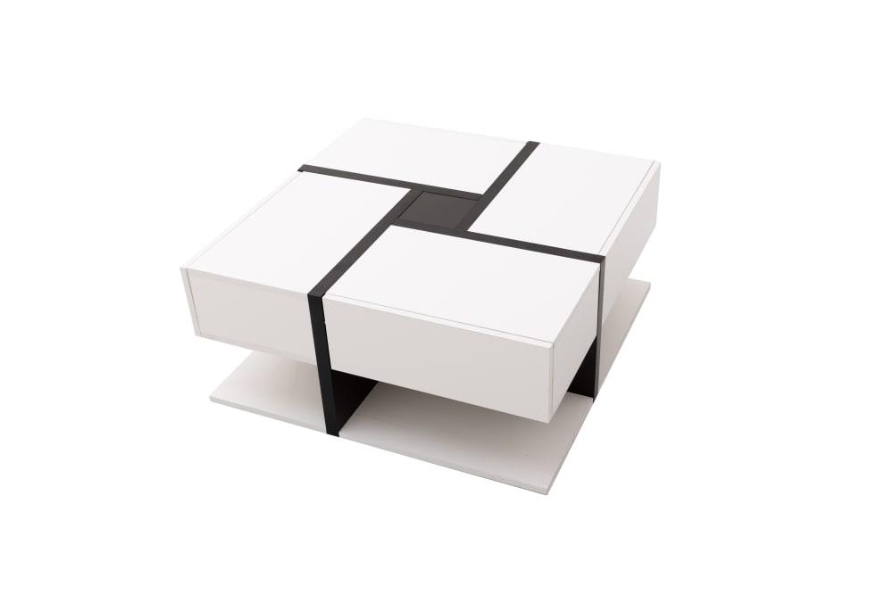 Table basse carrée moderne blanc brillante & noir avec tiroirs