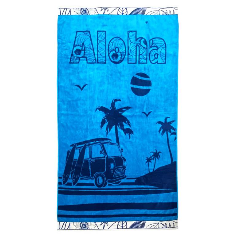 Serviette de plage éponge velours Jacquard Isleta 100x175 bleu