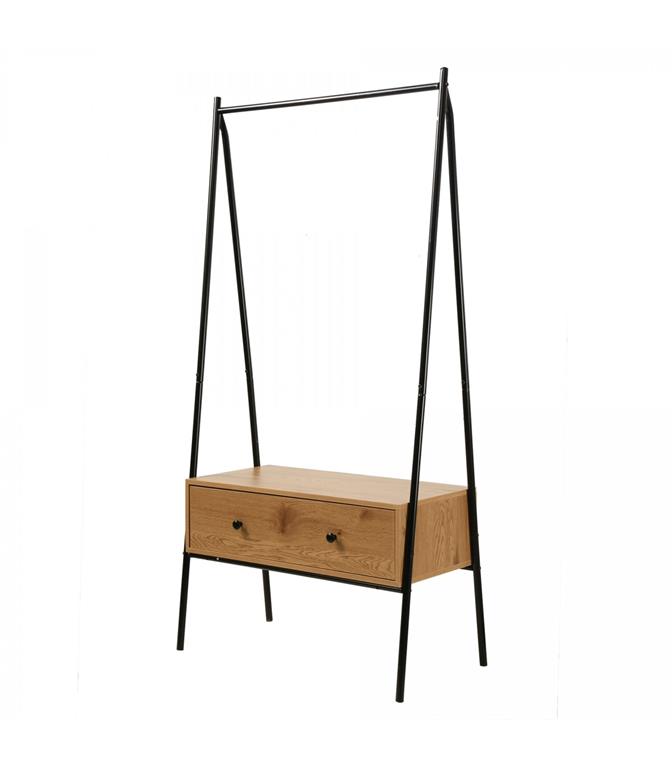 Penderie en métal Noir avec 1 Tiroir décor Chêne - H170 cm