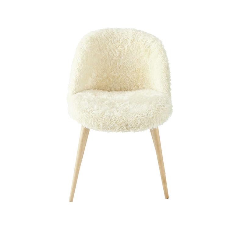 Chaise vintage en imitation fourrure ivoire et bouleau