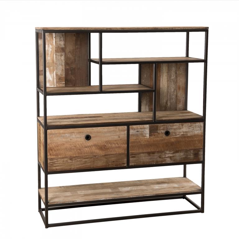 Etagère 2 tiroirs en teck recyclé acacia mahogany métal et métal noir