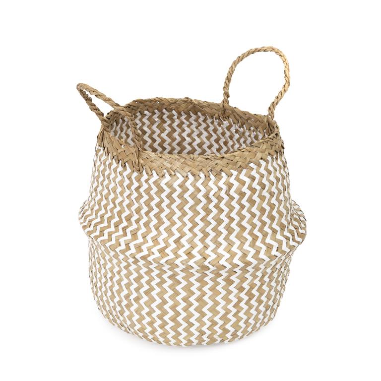 Panier en jonc de mer beige et blanc H26cm