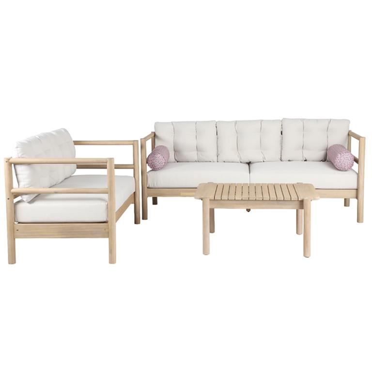 Salon de jardin 5 places bois d'acacia  blanchi coussins beige