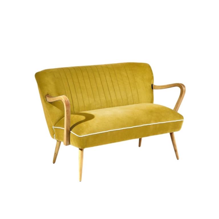 Banquette 2 places en hévéa et velours jaune moutarde