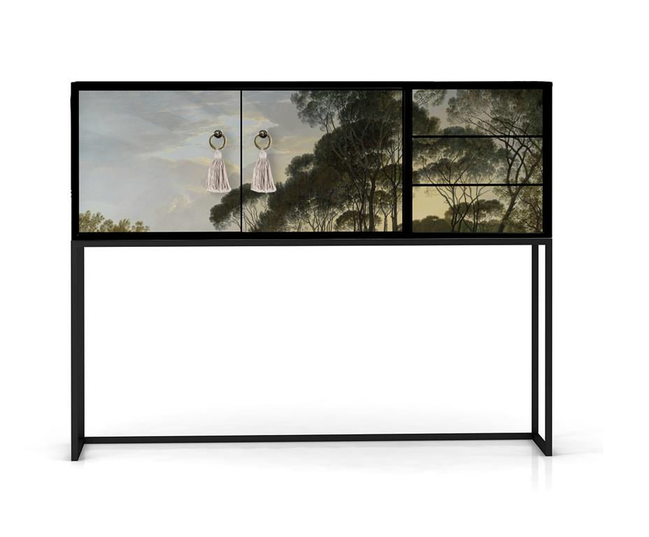 Console MDF laquée 2 portes 3 tiroirs imprimé forestier