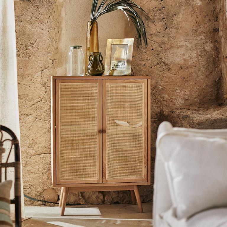 Buffet haut en bois et en rotin 2 portes - bois clair H93cmIRSU