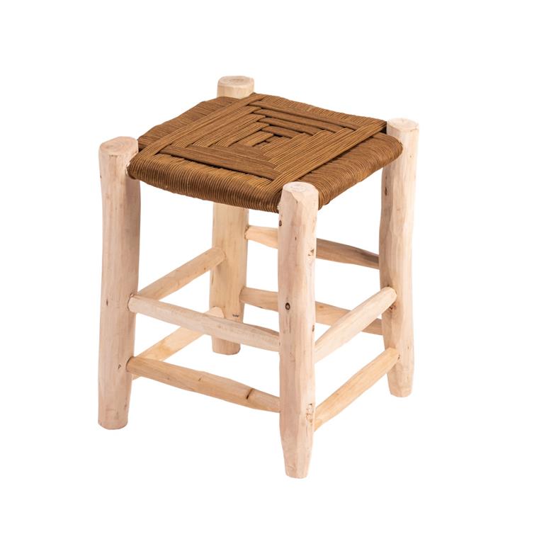 Tabouret camel en bois et corde synthétique 40x32x32