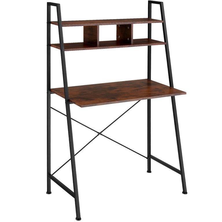 Bureau Style industriel 3 compartiments de rangement bois foncé
