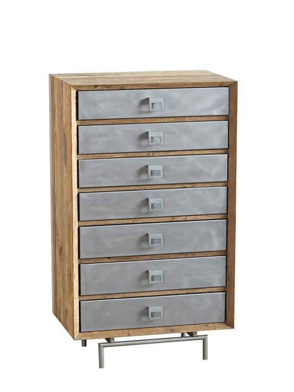 Semainier 7 tiroirs en métal et en bois de vieux pin 