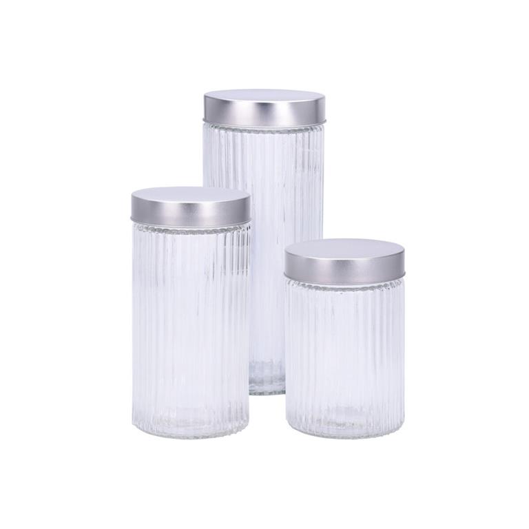 Set de 3 bocaux de cuisine hermétique verre strié et métal chromé