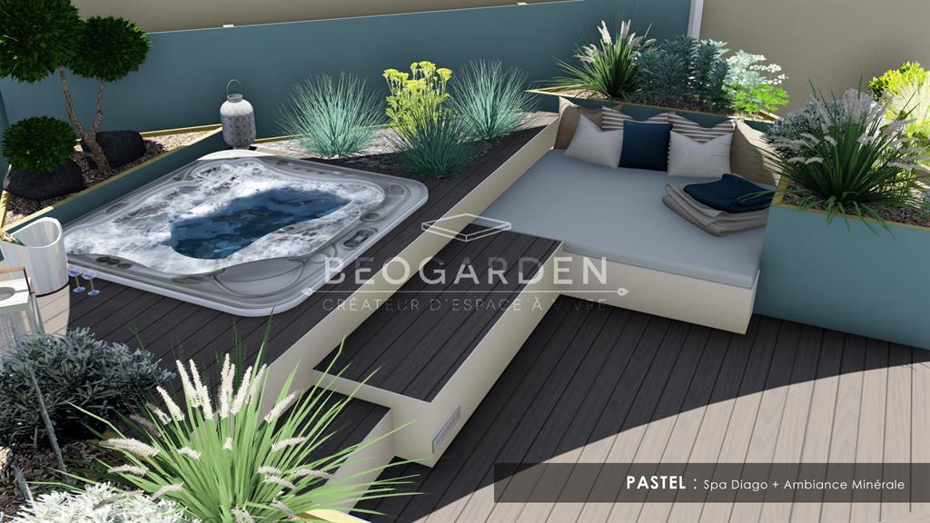 Spa encastré de façon diagonale sur la terrasse