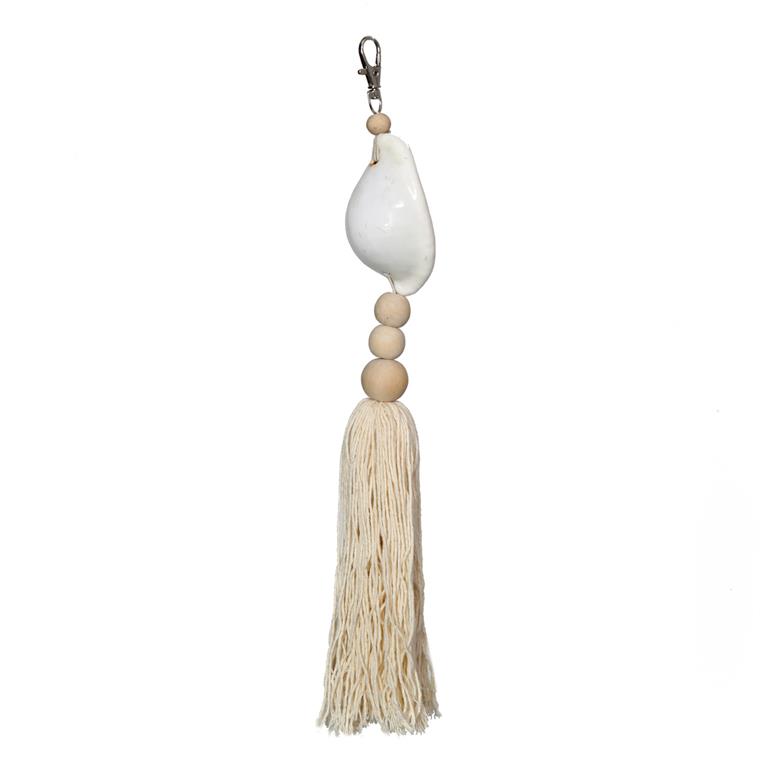 Porte-clés en coton avec coquillages et perles en bois blanc