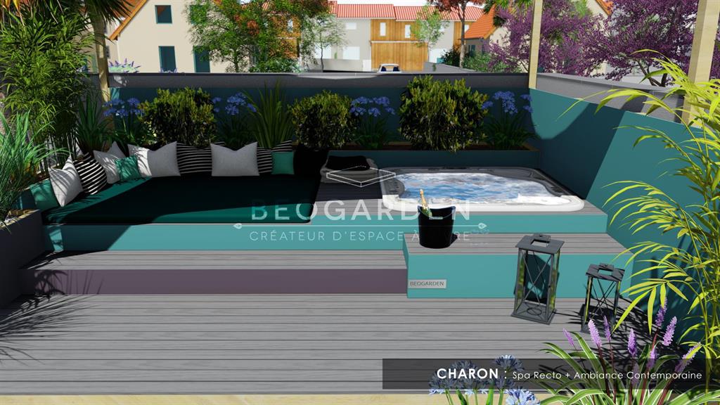Spa encastré et prolongé d'un espace DayBed sur une terrasse bois