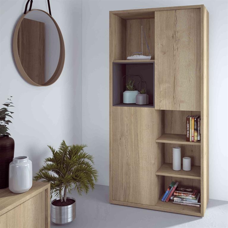 Bibliothèque 2 portes avec niches de rangement effet bois