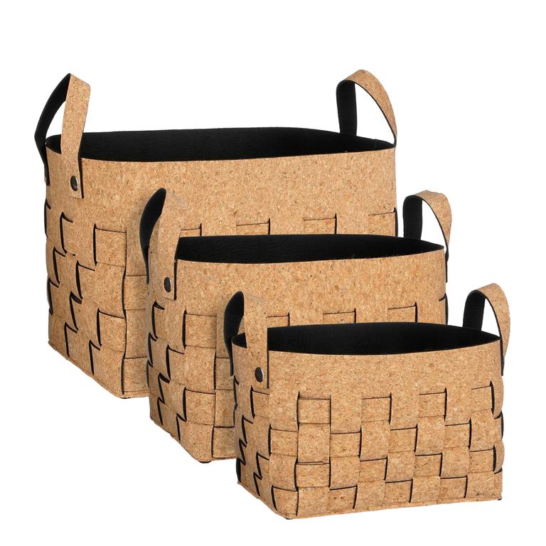 Lot de 3 paniers de rangement en liège et feutre marron H30