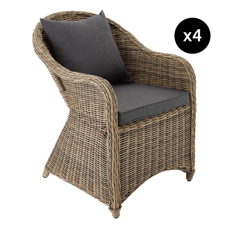 Lot de 4 fauteuils de jardin luxe Tressage aspect naturel marron