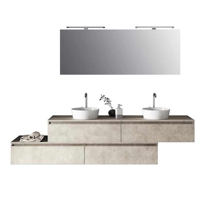 Meuble salle de bain 9 pièces double vasque en mélamine beige pierre