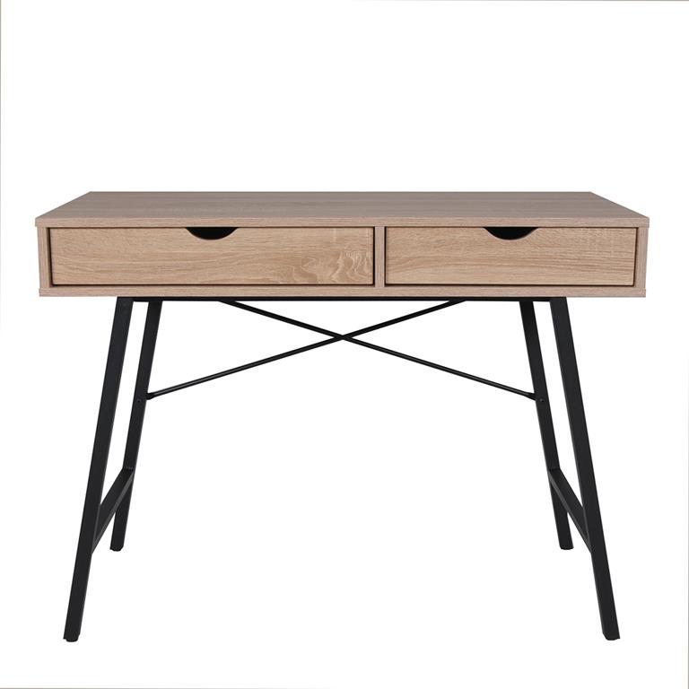 Bureau 2 tiroirs effet bois clair et pieds métal noir