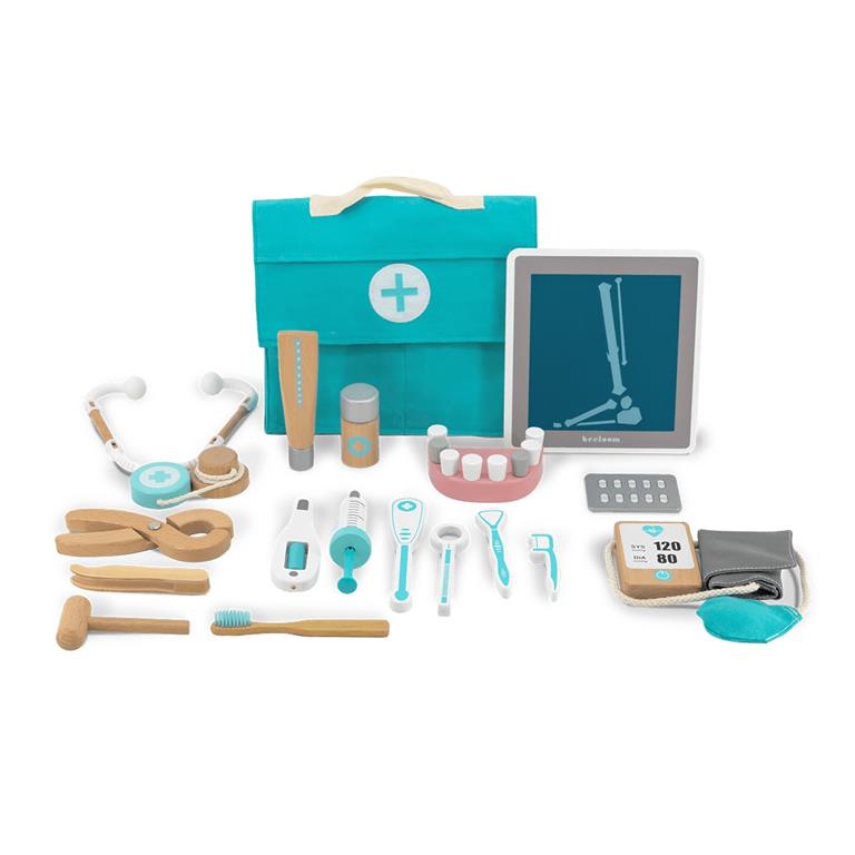 Trousse de médecin pour enfants en bois naturel turquoise